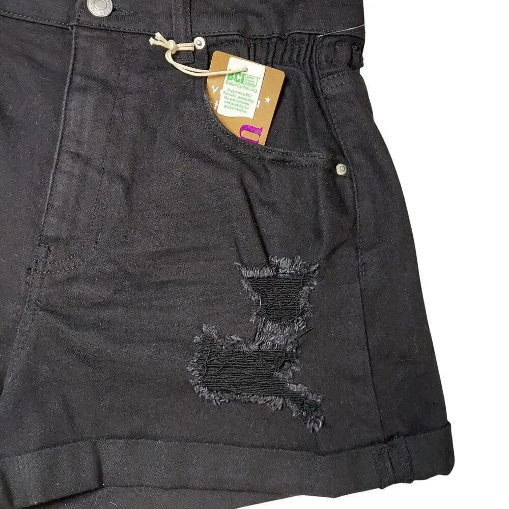 Vanilla Star Super High Rise Tapered Leg Distressed Black Denim Mom Shorts